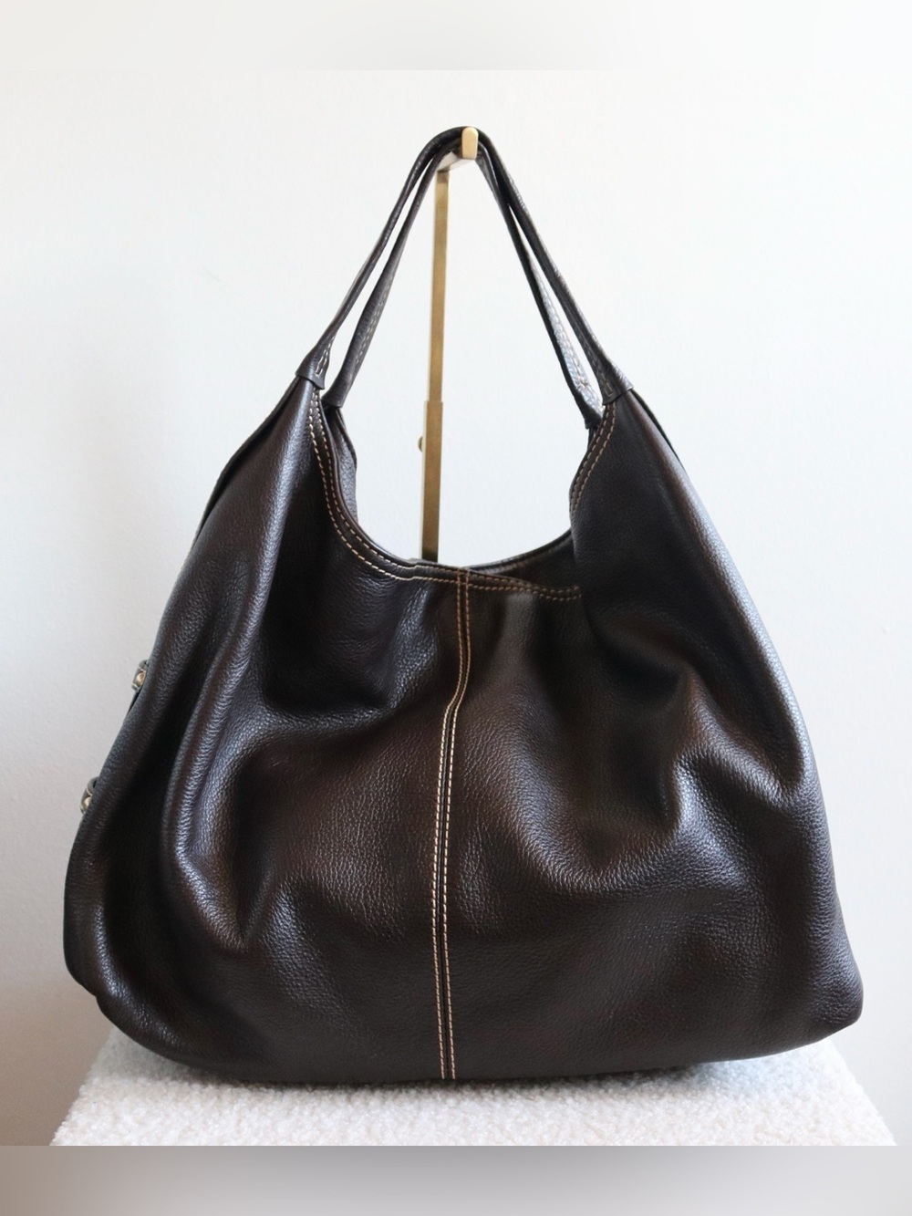 Vintage Y2K Genuine Leather Hobo Shoulder Bag Dark Brown Gold Hardware